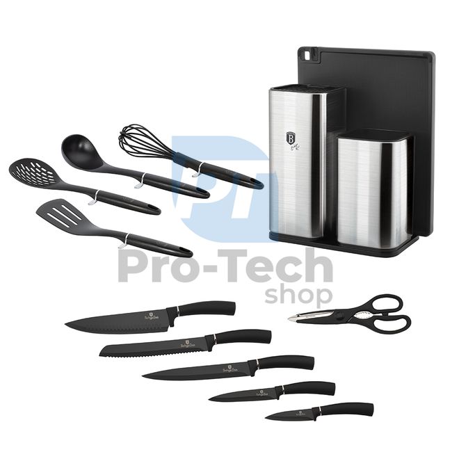 Комплект кухненски ножове и кухненски инструменти от неръждаема стомана от 12 части с дъска за рязане BLACK- SILVER 20486